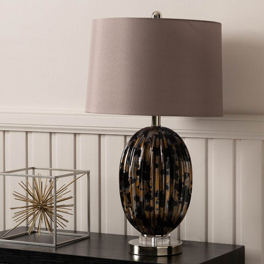 67.3cm Ribbed Black and Gold Table Lamp with Taupe Faux Silk Shade - E27 Dual Plug