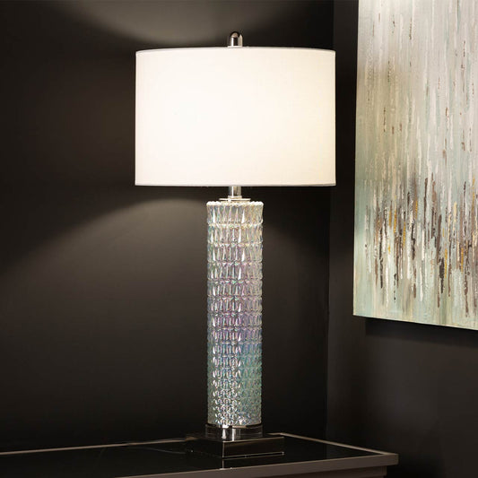 78.7cm Clear Glass Table Lamp with White Linen Shade - E27 Dual Plug