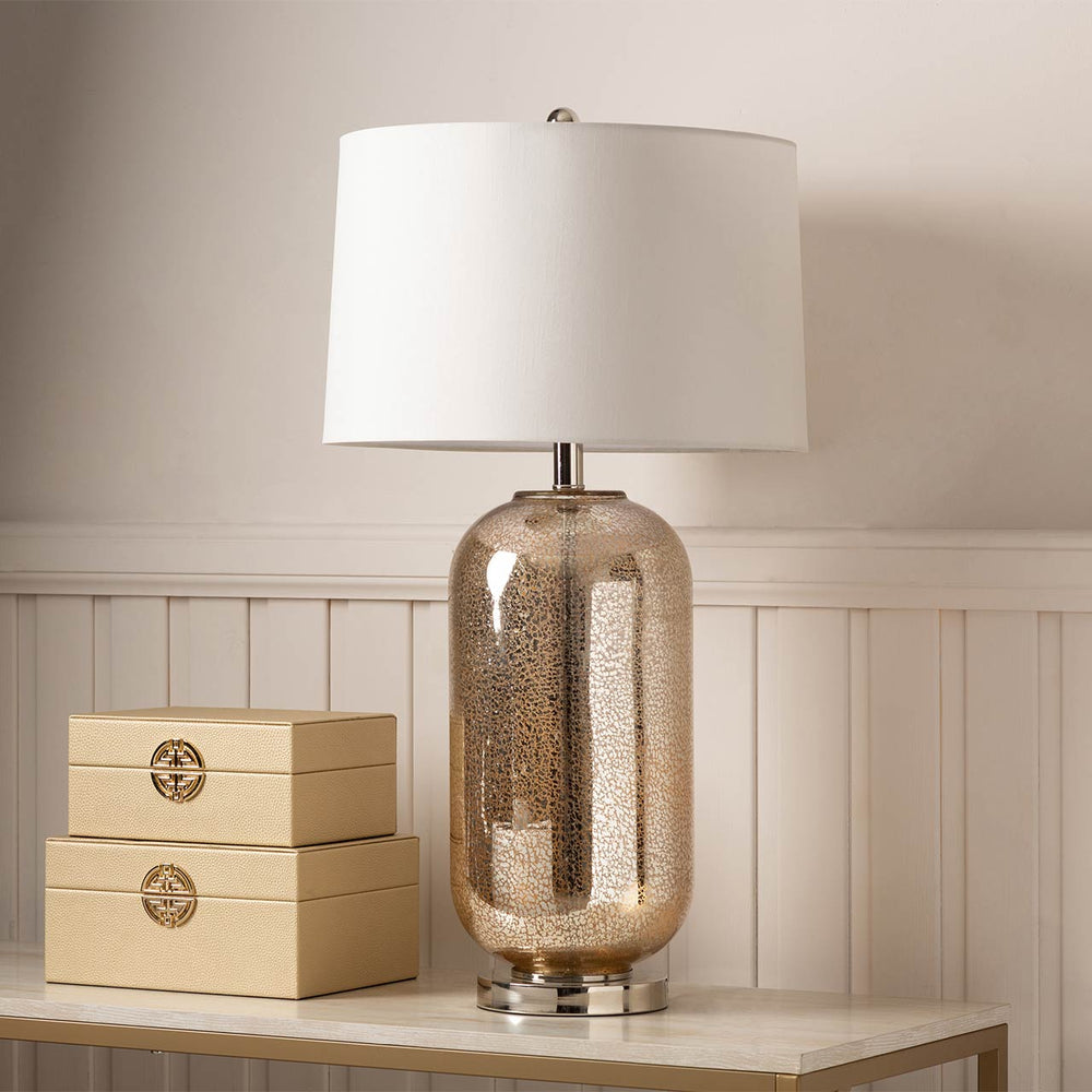 77.5cm Champagne Mercury Table Lamp with Cream Faux Silk Shade – E27 Dual Plug