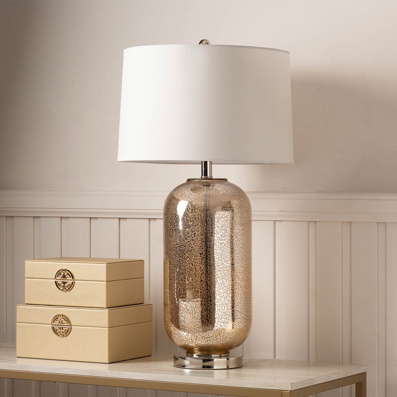77.5cm Champagne Mercury Table Lamp with Cream Faux Silk Shade - E27 Dual Plug