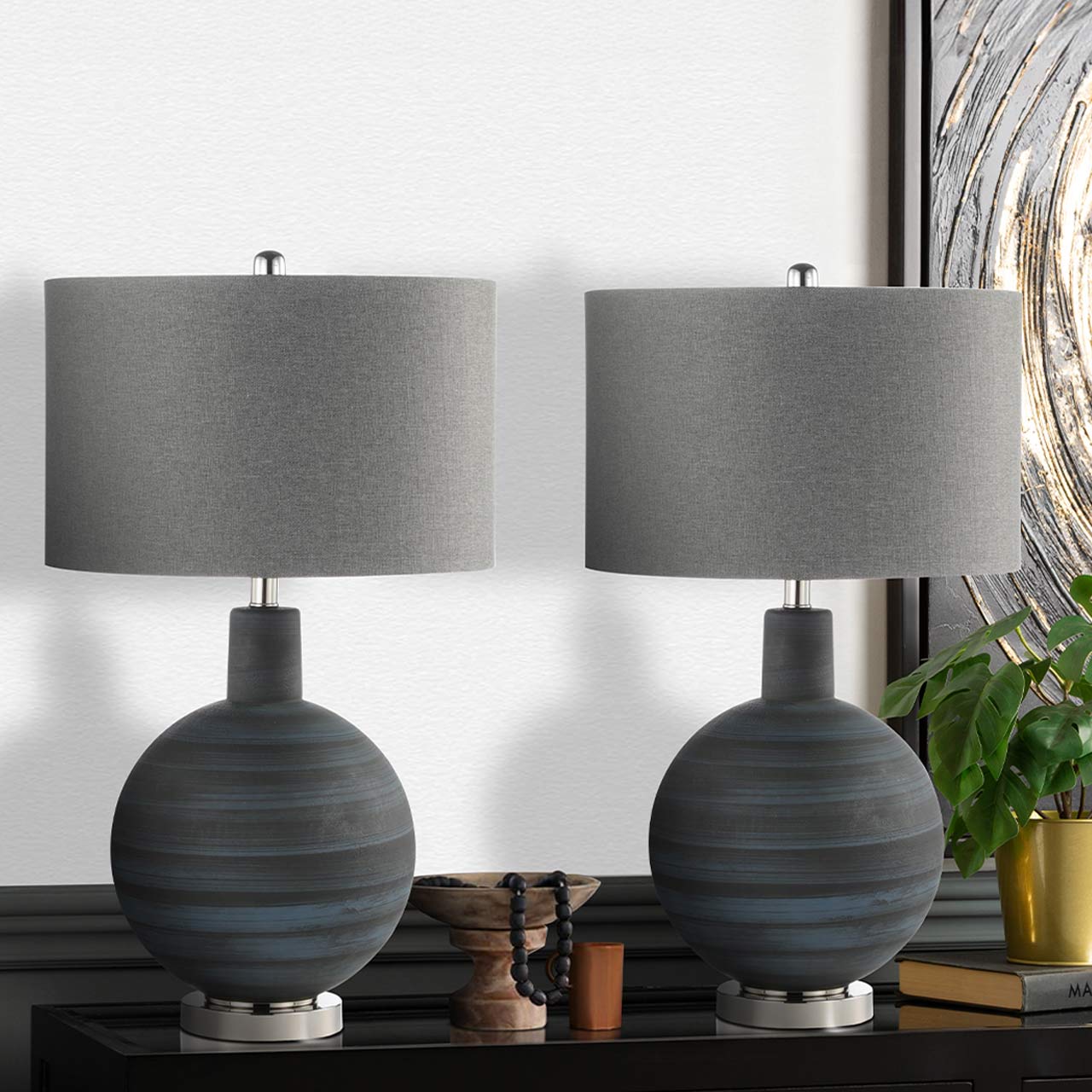 72cm Blue and Black Stripe Glass Table Lamp with Grey Linen Shade - E27 Dual Plug