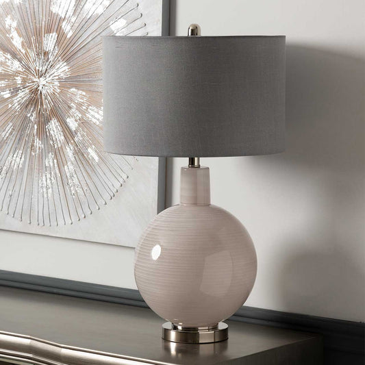 72cm Grey Stripe Table Lamp with Grey Faux Silk Shade - E27 Dual Plug