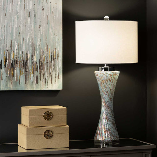 78cm Clear Blue Gold Twist Table Lamp with White Linen Shade - E27 Dual Plug - w/ Crystal Finial