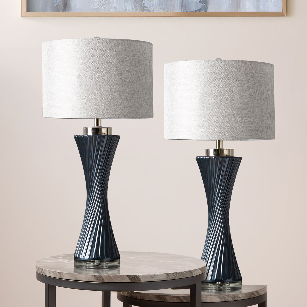 71cm Black and Gold Glass Table Lamp with Black Linen Shade - E27 Dual Plug