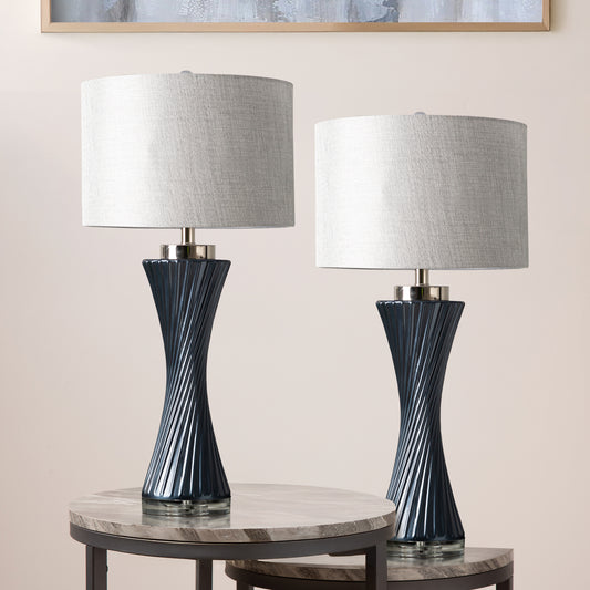 71cm Black and Gold Glass Table Lamp with Black Linen Shade - E27 Dual Plug