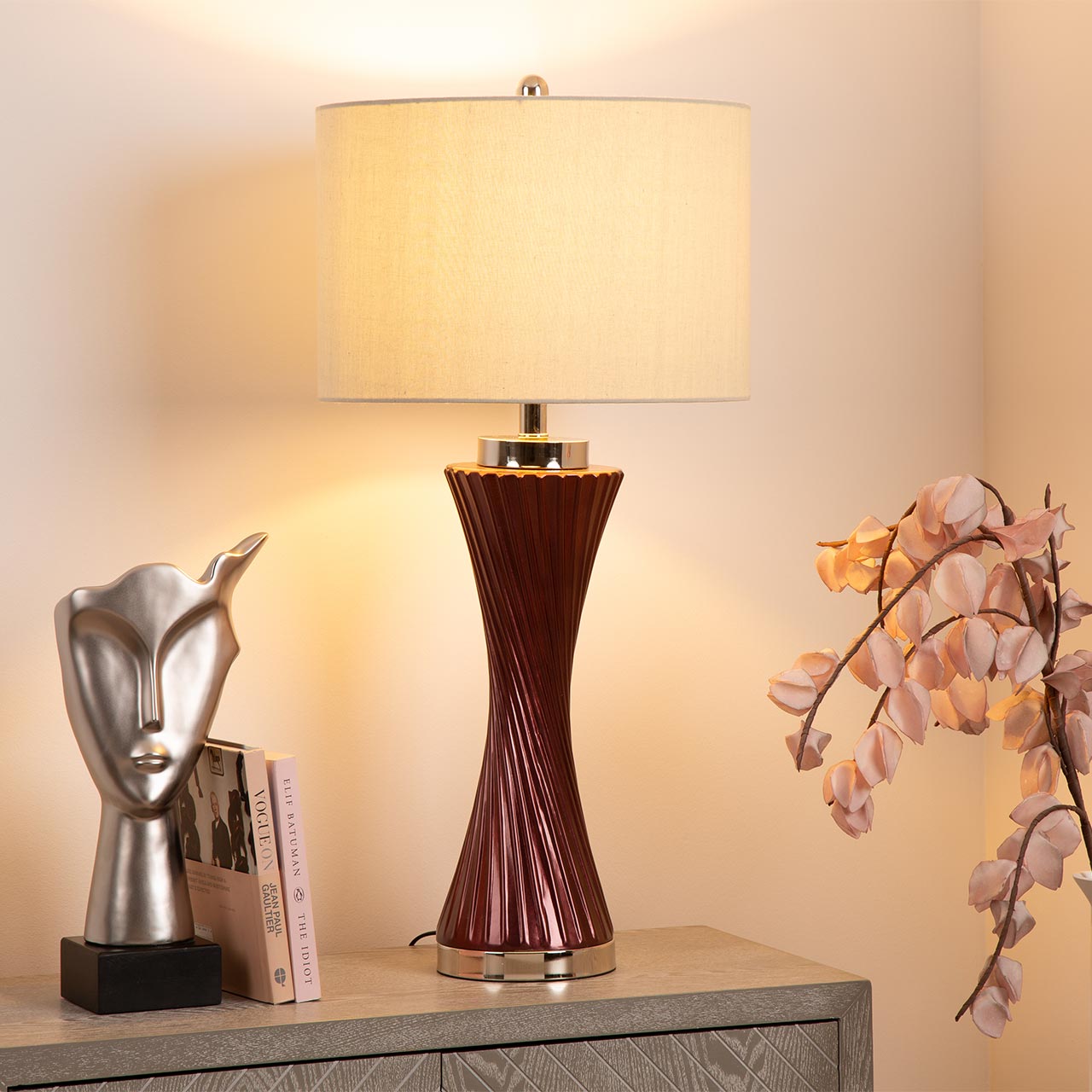 78cm Mulberry Purple Twist Table Lamp with Grey Linen Shade - E27 Dual Plug