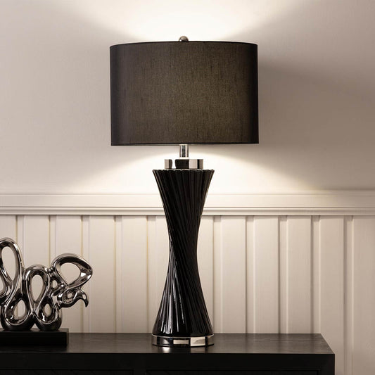 78cm Black Twist Table Lamp with Black Faux Silk Shade - E27 Dual Plug