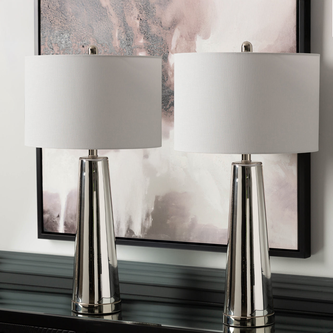 70cm Silver Glass Table Lamp with White Linen Shade - E27 Dual Plug