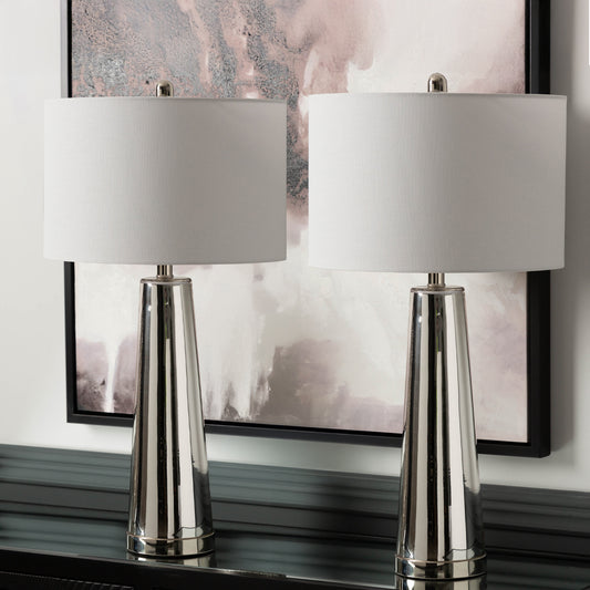 70cm Silver Glass Table Lamp with White Linen Shade - E27 Dual Plug