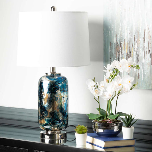 61.2cm Blue and Silver Glass Table Lamp with White Linen Shade - E27 Dual Plug