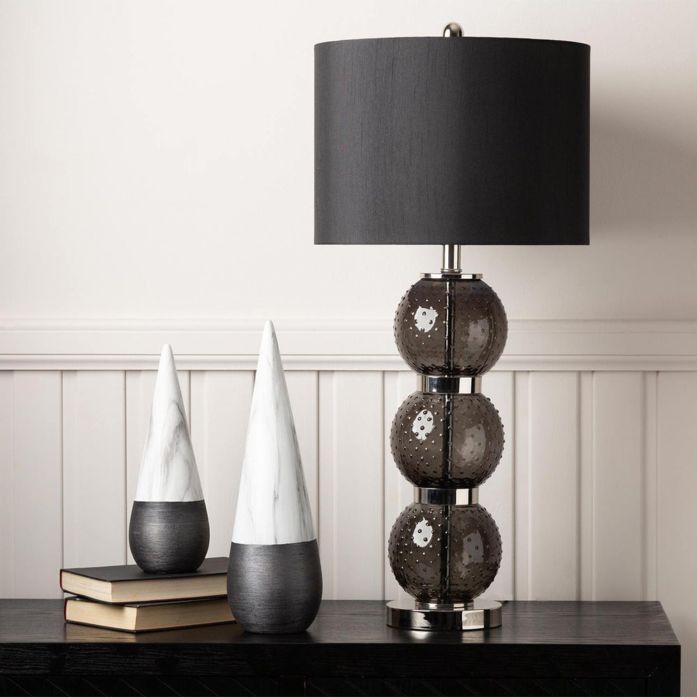 71cm Clear Black Glass Table Lamp with Black Faux Silk Shade – E27 Dual Plug