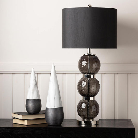 71cm Clear Black Glass Table Lamp with Black Faux Silk Shade - E27 Dual Plug