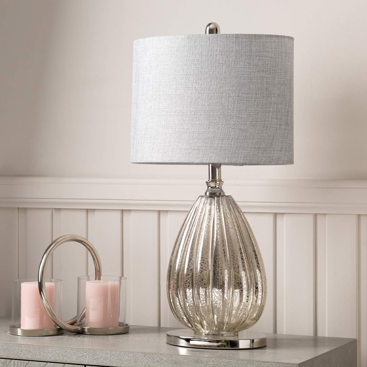 61cm Silver Mercury Glass Table Lamp with Grey Linen Shade - E27 Dual Plug