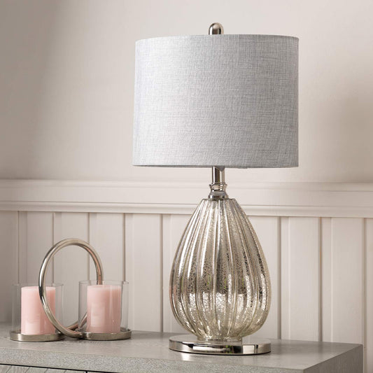 61cm Silver Mercury Glass Table Lamp with Grey Linen Shade - E27 Dual Plug