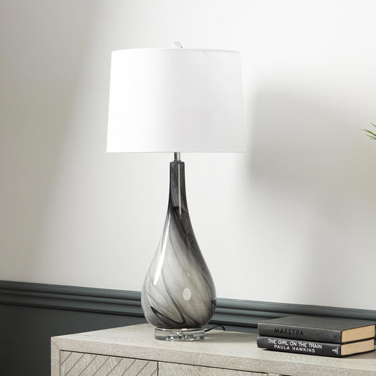 76cm Black and White Glass Table Lamp with White Linen Shade Crystal glass base - E27 Dual Plug