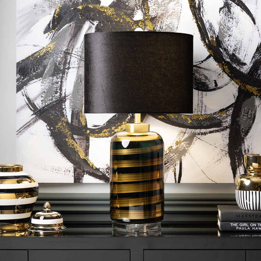 66cm Black and Gold Stripes Glass Table Lamp with Black Velv Shade Crystal glass base-E27 Dual Plug