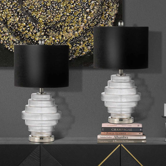 59.5cm Clear Glass Table Lamp with Black Velvet Shade Silver Inside - E27 Dual Plug
