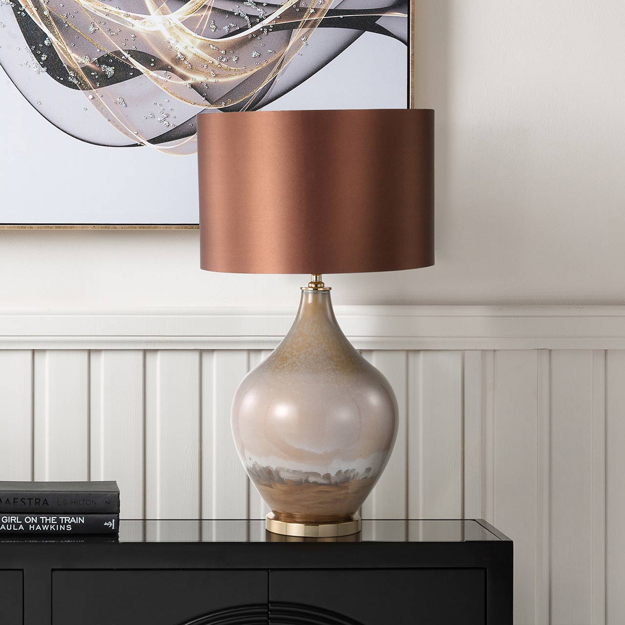 75.5cm Two Tone Brown Glass Table Lamp with Dark Brown Satin Shade- Gold Ins - E27 Dual Plug