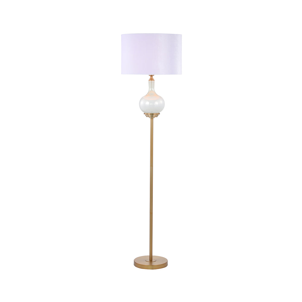 165cm White Pearl Glass Floor Lamp with White Velvet Shade – Gold Ins – E27 Dual Plug
