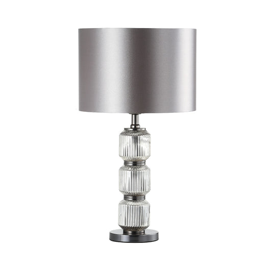 57cm Chrome Pleated Glass Table Lamp with Silver Satin Shade - Silver Ins E27 Dual Plug