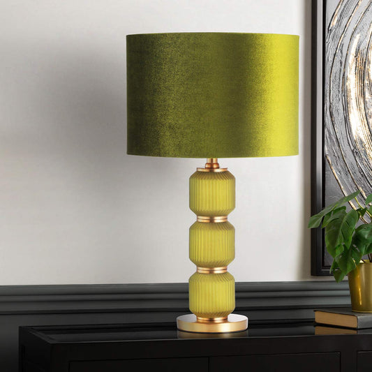 57cm Frost Green Pleated Glass Table Lamp with Green Velvet Shade - Gold Ins-E27 Dual Plug