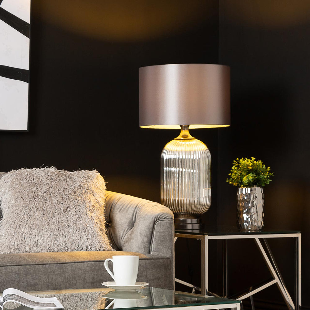 77.5cm Chrome Pleated Glass Table Lamp with Silver Satin Shade – Silver Ins E27 Dual Plug