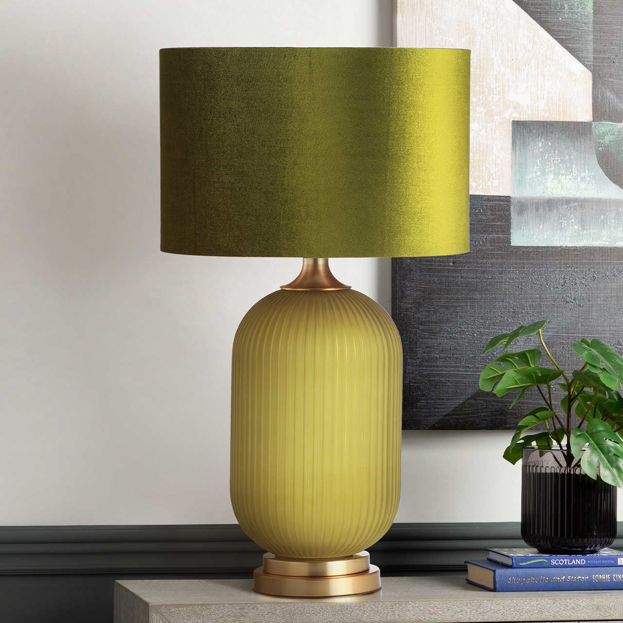 77.5cm Frost Green Pleated Glass Table Lamp with Green Velvet Shade-Gold Ins- E27 Dual Plug