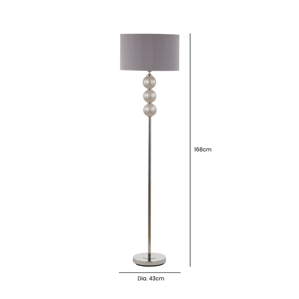 168cm Opal Grey Glass Floor Lamp with Grey Faux Silk Shade – Silver Ins – E27 Dual Plug