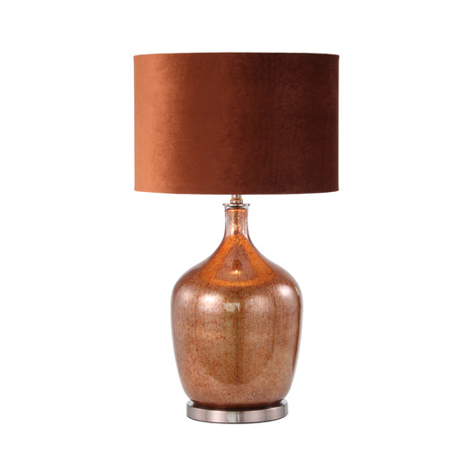 76cm Red Copper Glass Table Lamp with Amber Velvet Shade-Gold Ins- E27 Dual Plug