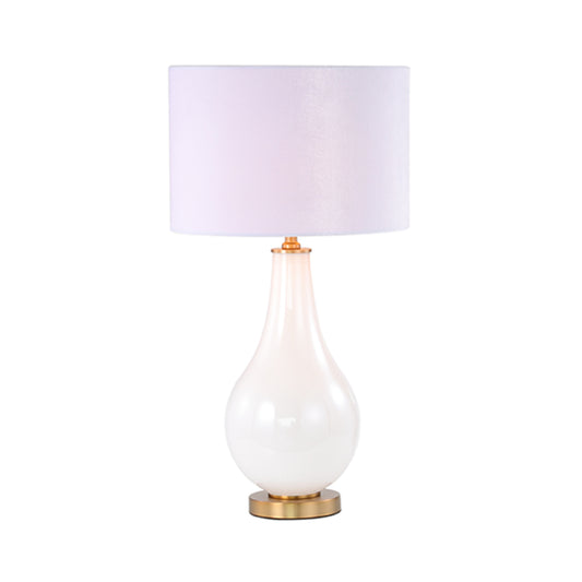 70.5cm White Pearl Glass Table Lamp with White Velvet Shade- Gold Ins- E27 Dual Plug
