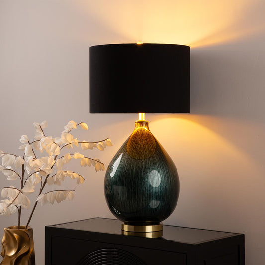 79cm Green and Gold Abstract Glass Table Lamp w/ Black Linen Shade-Gold Ins-E27 Dual Plug
