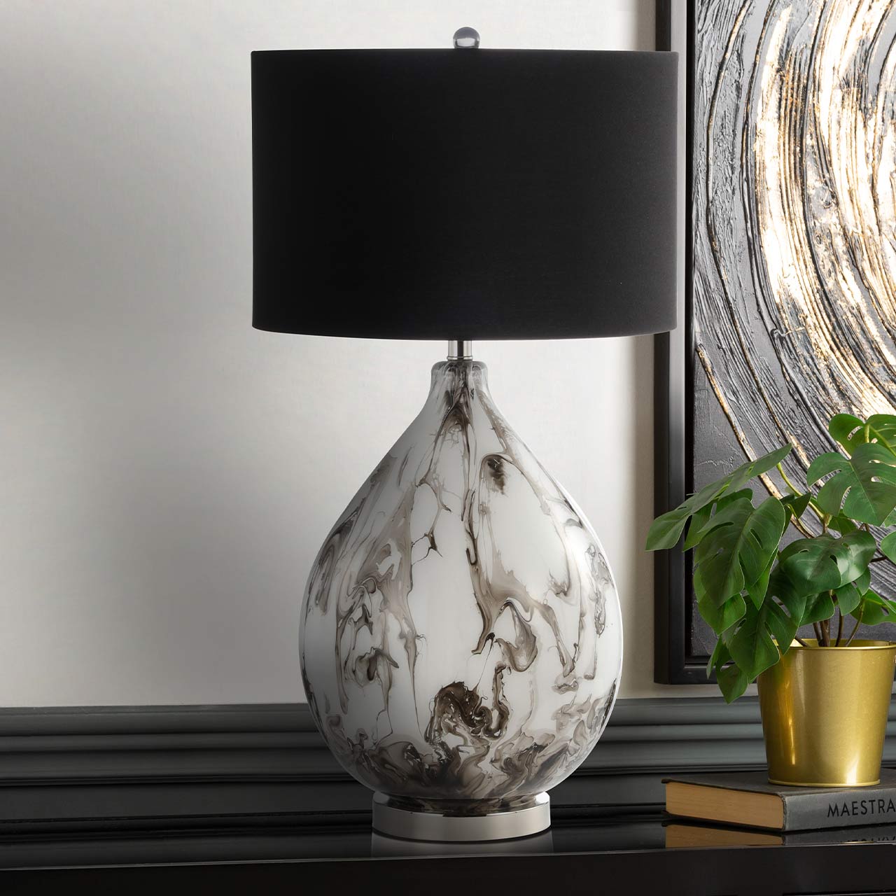 79cm White and Black Abstract Glass Table Lamp w/ Black Linen Shade-E27 Dual Plug