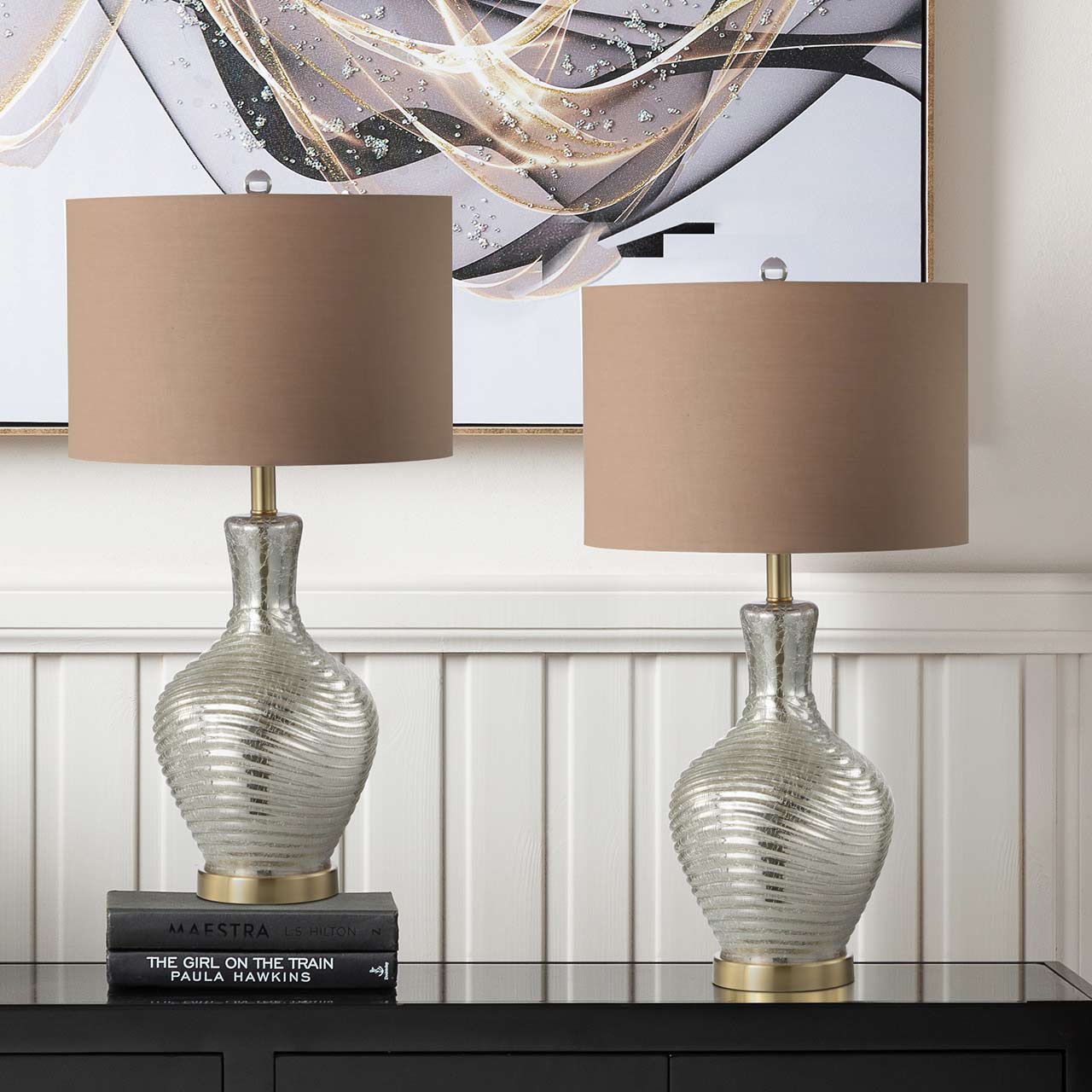 70cm Silver Glass Table Lamp with Dark Taupe Linen Shade- E27 Dual Plug