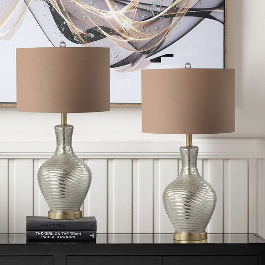 70cm Silver Glass Table Lamp with Dark Taupe Linen Shade- E27 Dual Plug