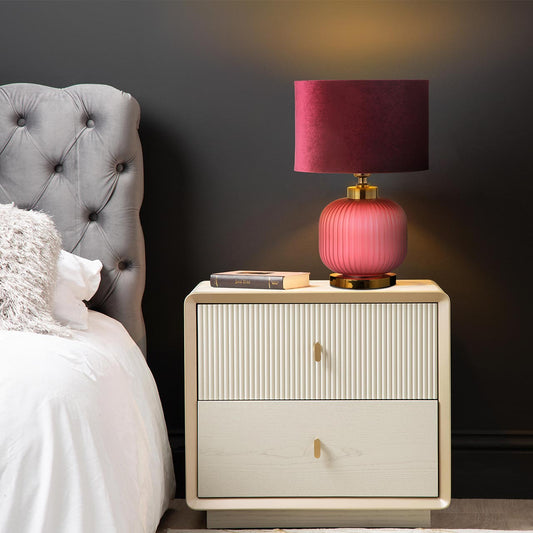 44.5cm Frost Purple Pleated Glass Table Lamp with Purple Velvet Shade - Gunmetal Ins E27 Dual Plug