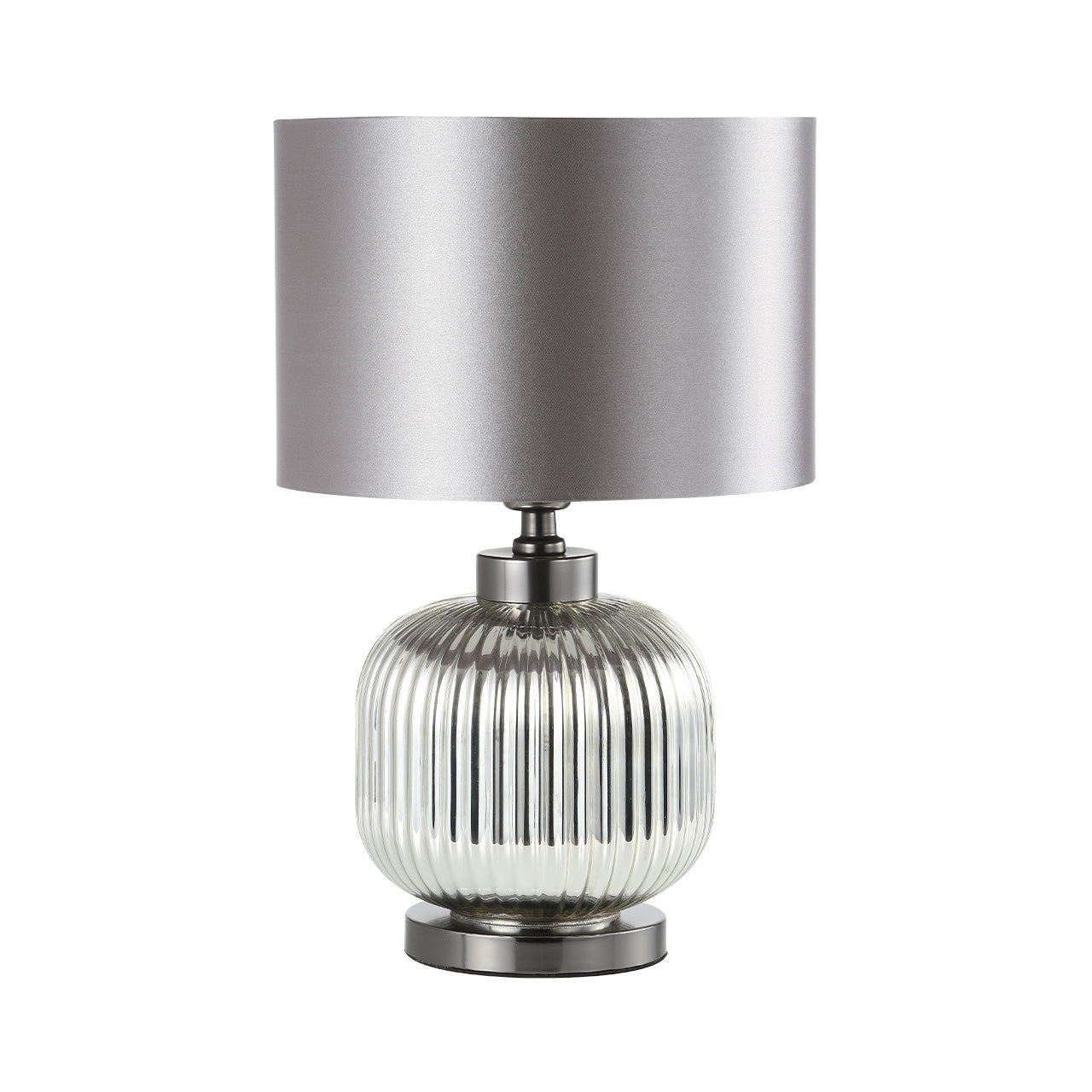 44.5cm Chrome Pleated Glass Table Lamp with Silver Satin Shade - Silver Ins E27 Dual Plug