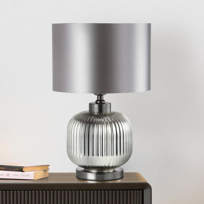 44.5cm Chrome Pleated Glass Table Lamp with Silver Satin Shade - Silver Ins E27 Dual Plug