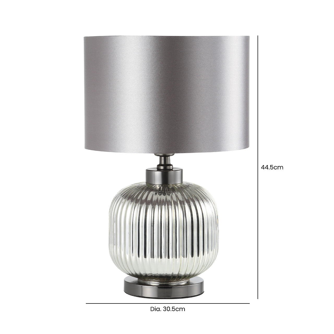 44.5cm Chrome Pleated Glass Table Lamp with Silver Satin Shade - Silver Ins E27 Dual Plug