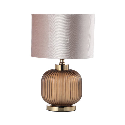 44.5cm Frost Brown Pleated Glass Table Lamp with Champagne Velvet Shade - Gold Ins E27 Dual Plug