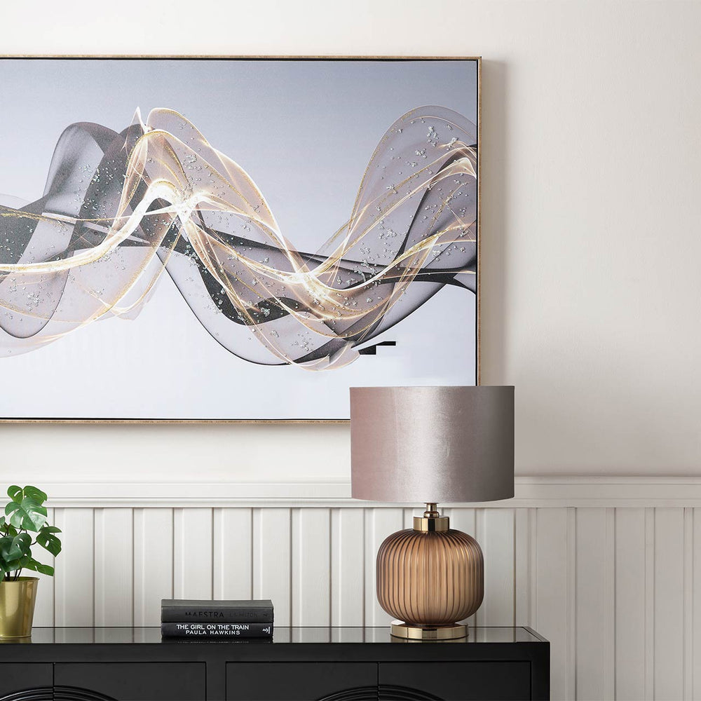 44.5cm Frost Brown Pleated Glass Table Lamp with Champagne Velvet Shade – Gold Ins E27 Dual Plug