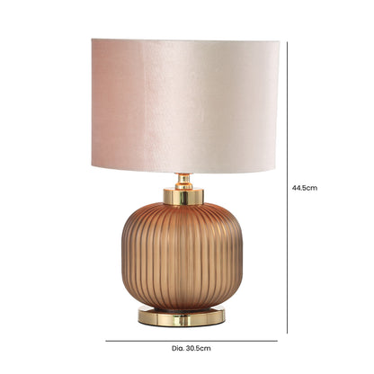 44.5cm Frost Brown Pleated Glass Table Lamp with Champagne Velvet Shade - Gold Ins E27 Dual Plug