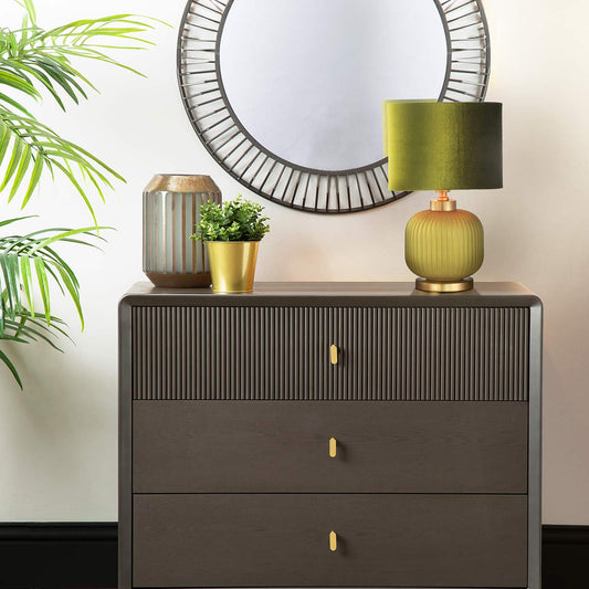 44.5cm Frost Green Pleated Glass Table Lamp with Green Velvet Shade-Gold Ins- E27 Dual Plug