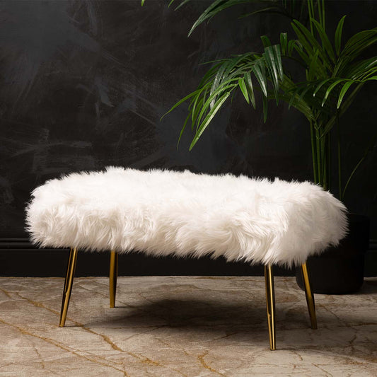 White Faux Fur Bench with Gold Legs - KD