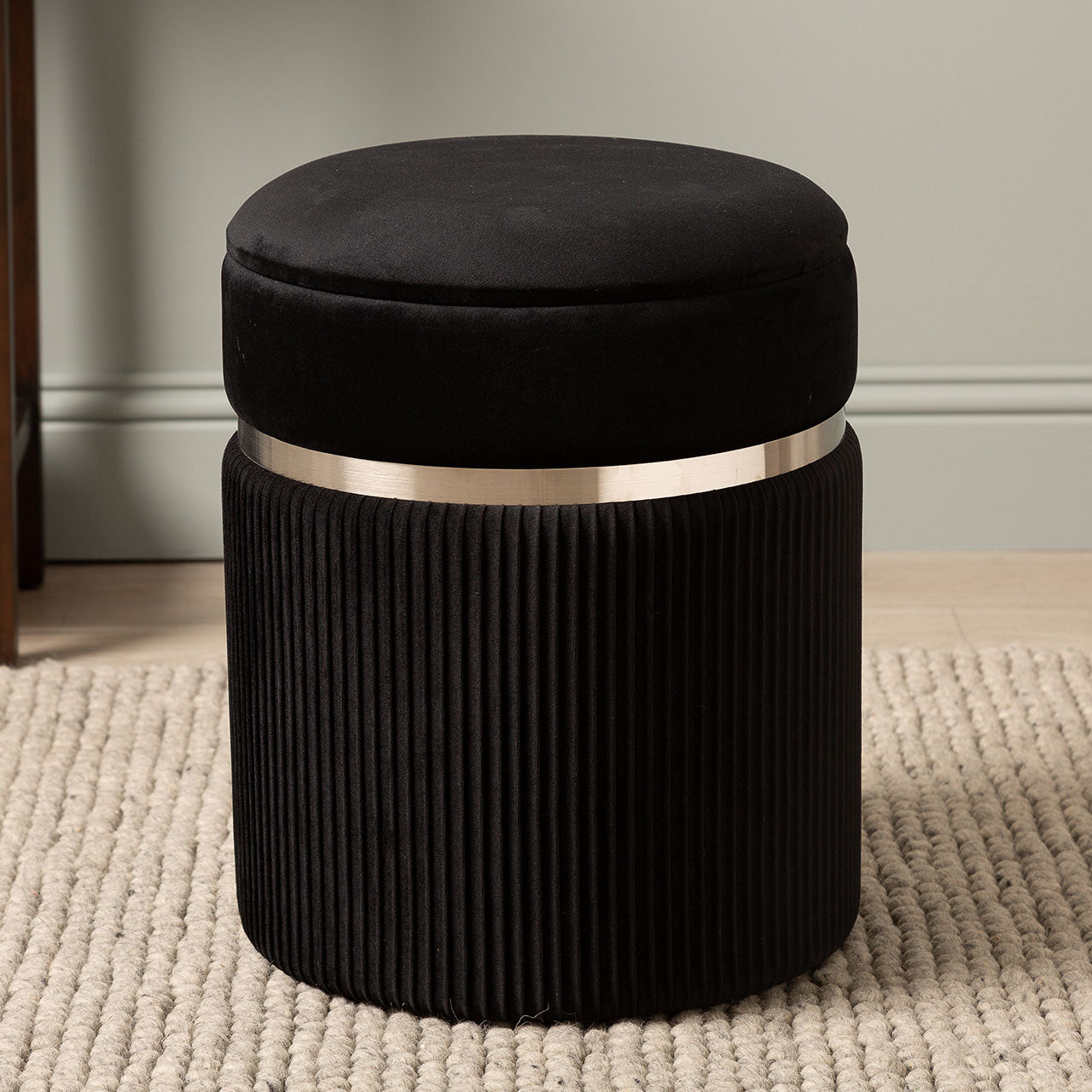 Black Patterned Velvet and Chrome Round Storage Stool