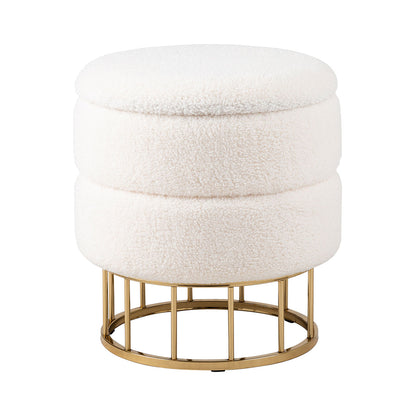 White Boucle Round Storage Stool with Gold Legs - KD