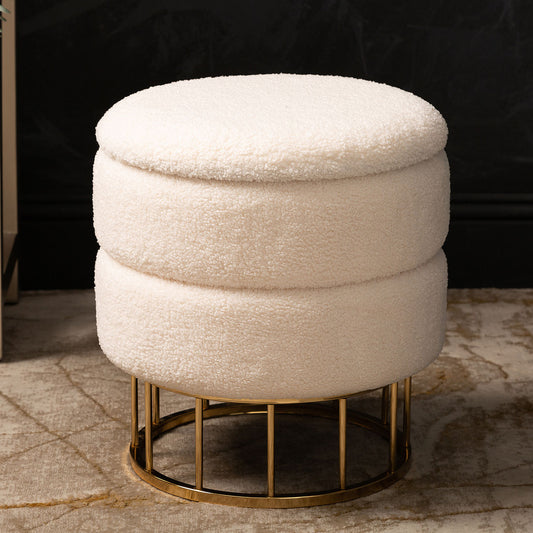 White Boucle Round Storage Stool with Gold Legs - KD