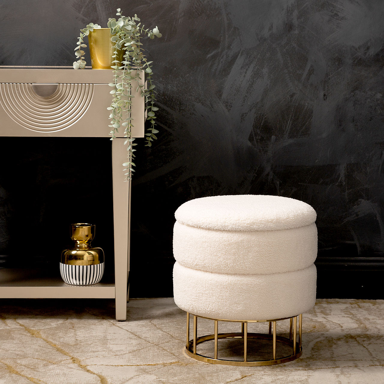 White Boucle Round Storage Stool with Gold Legs - KD