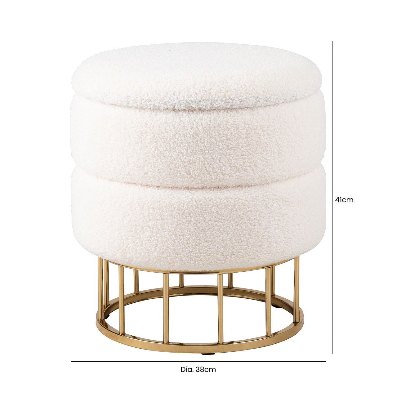 White Boucle Round Storage Stool with Gold Legs - KD