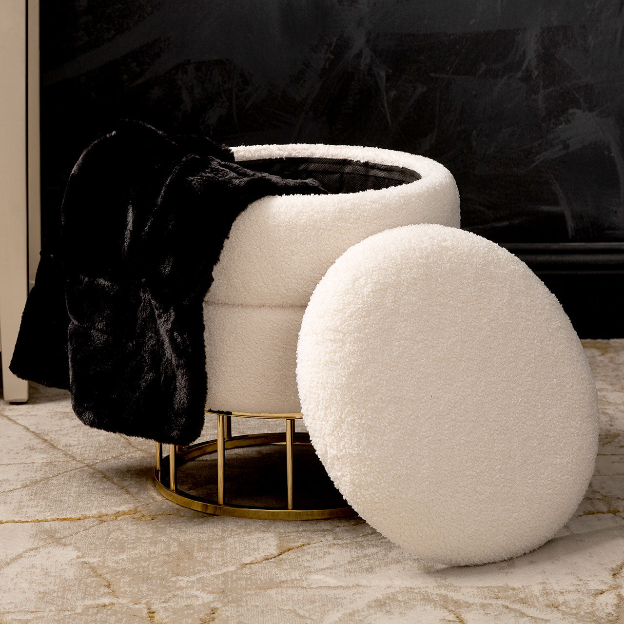 White Boucle Round Storage Stool with Gold Legs - KD