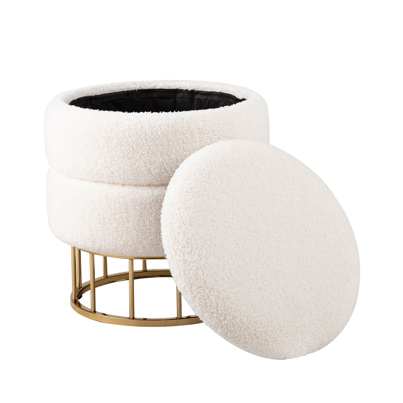 White Boucle Round Storage Stool with Gold Legs - KD